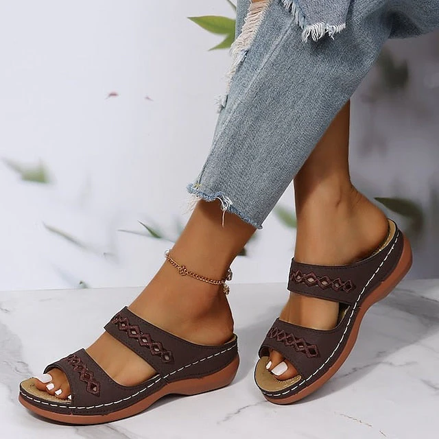 Women's Sandals Slippers Wedge Sandals Comfort Shoes Comfort Sandals Casual Daily Beach Summer Spring Cut Out Embroidery Wedge Heel Round Toe Casual Minimalism Synthetics Loafer Solid Colored Wine - Deanwangkt