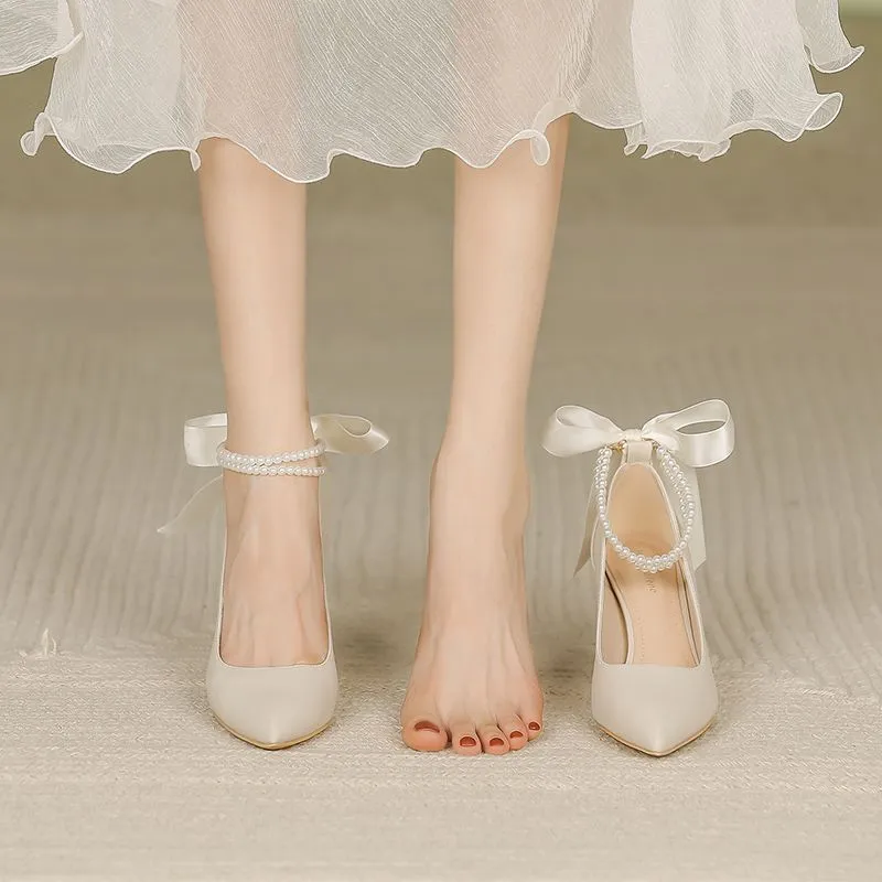Shoes for Woman  Pumps High Heels Women's Summer Footwear on Heeled Moccasins with Straps Chunky Bow Bride Block Heel Young - Deanwangkt