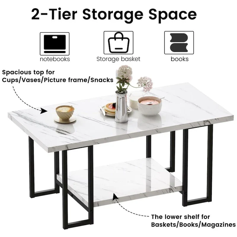 Mieres 39 Wide 2-Tier Faux Marble Top Coffee Table with Steel Frame