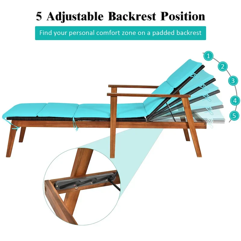 Costway 3PCS Patio Rattan Lounge Chair Folding Table Set Chaise Wood