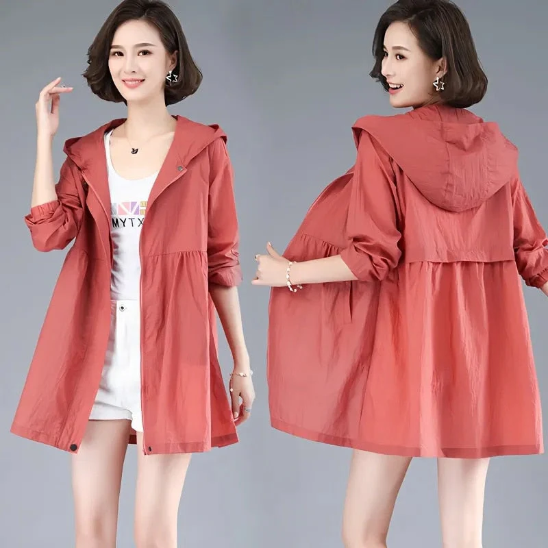 Hulianfu New Summer Medium Long Sun Protection Clothing Female Thin Jacket Loose Hooded  Coat Sun Protection Windbreaker Women - Deanwangkt