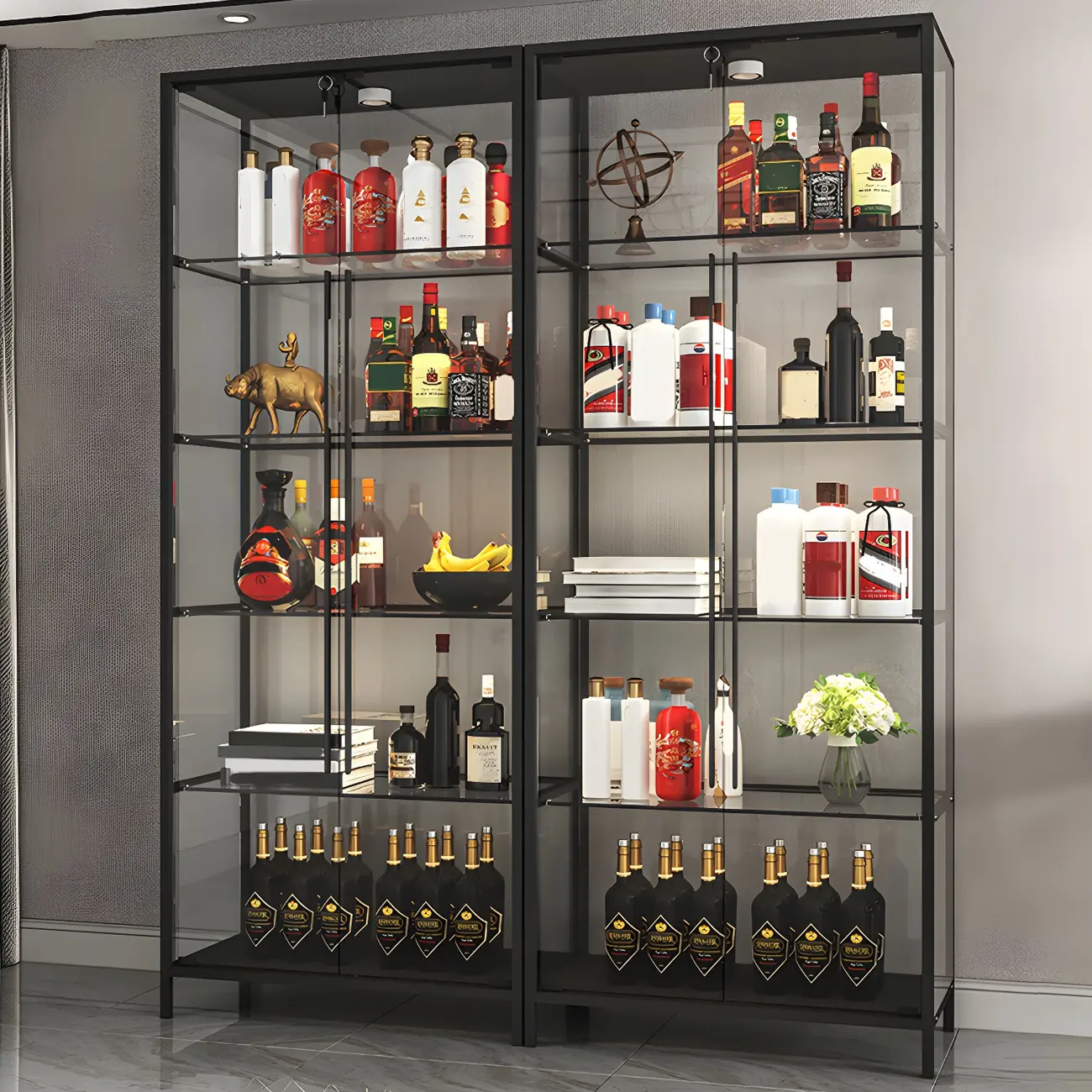 Modern Gold Glass Shelf Display Standard Curio Cabinet