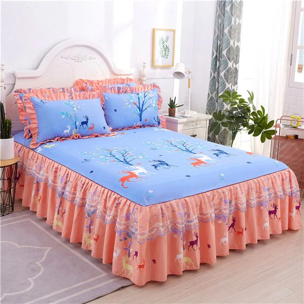 HULIANFU  3pcs set Elegant floral bed skirt skin-friendly cotton lace bedding home decor bedspreads queen pink king size bed cover - Deanwangkt