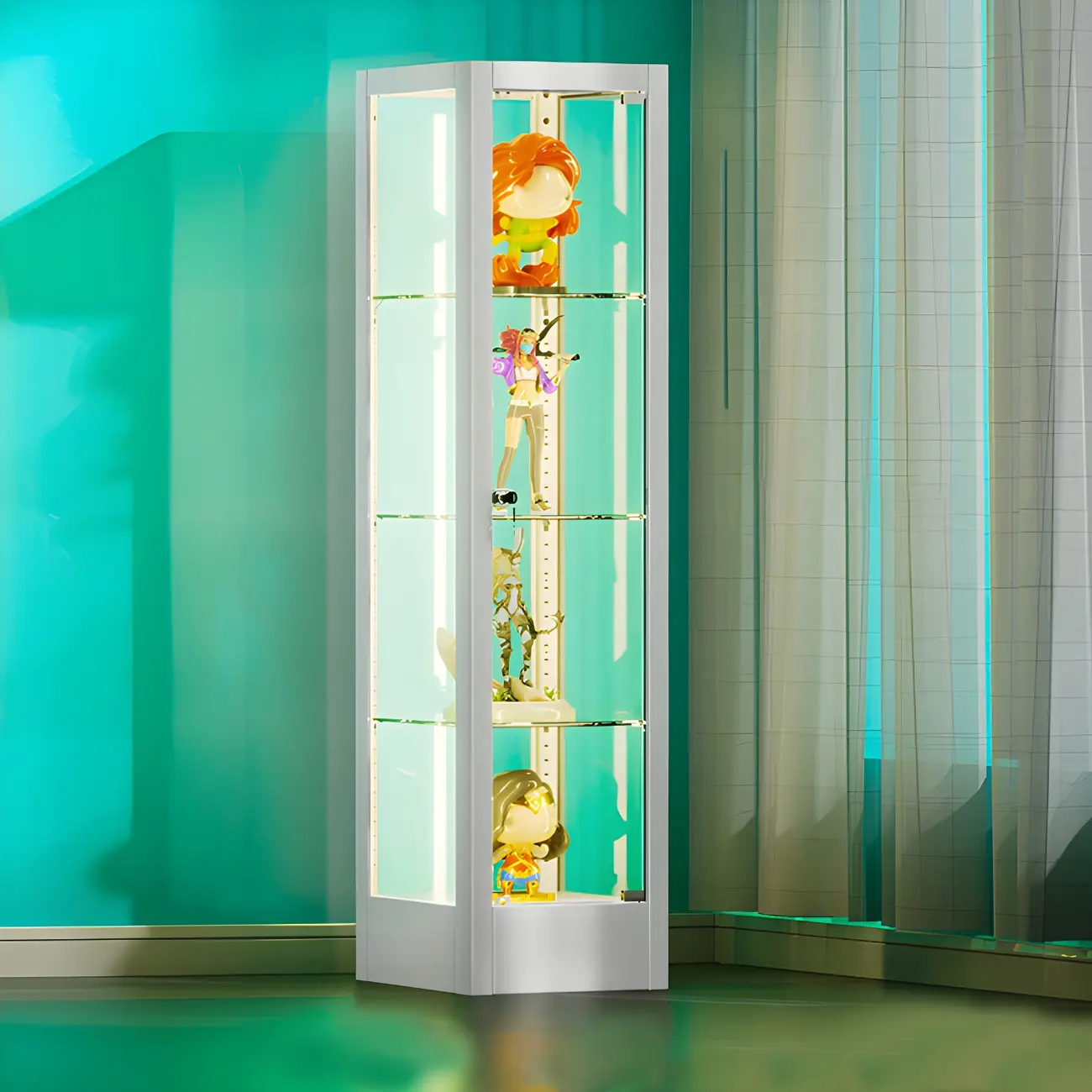 Adjustable Shelves White Glass Locking Curio Cabinet