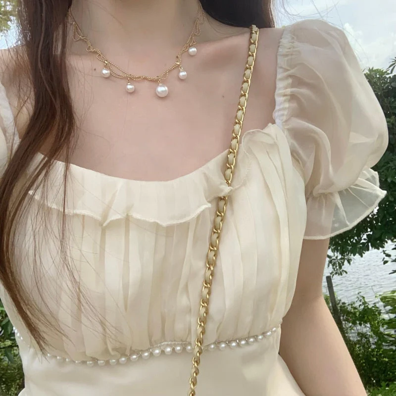 Hulianfu Vinatge Sweet French Midi Dresses Women Casual Short Sleeve Beading Chiffon Dress Elegant Female Party One Piece Dress Korean - Deanwangkt