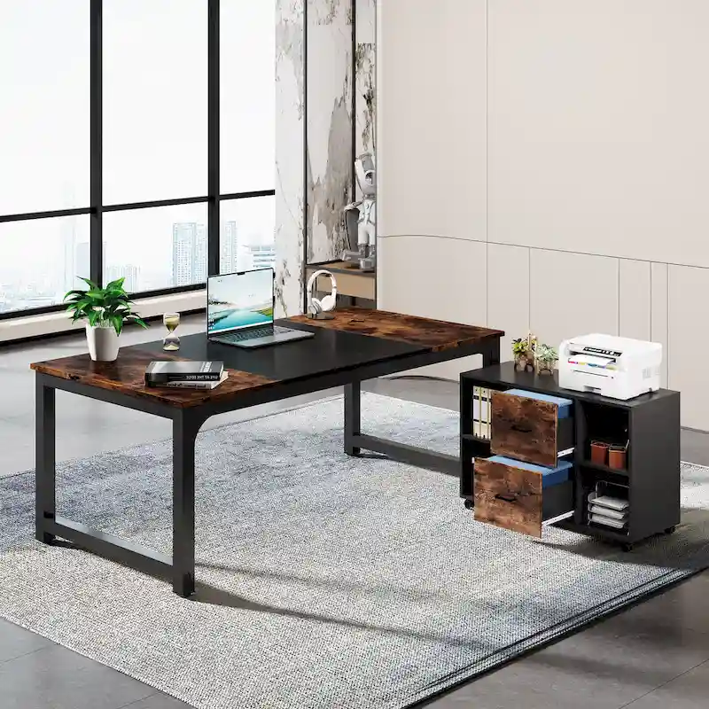 63 L-Shaped Executive Desk with 40 File Drawer Cabinet