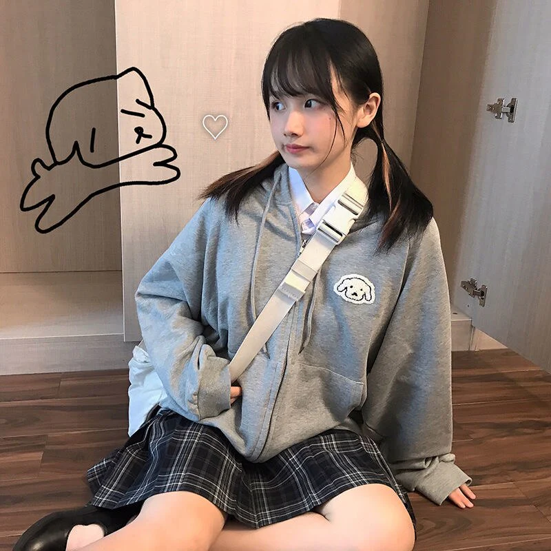 New Japanese Tops Hoodie Women's Kawaii Puppy Embroidered Sweatshirt Cardigan Loose Plus Velvet Jacket Girl Girlfriend Top - Deanwangkt