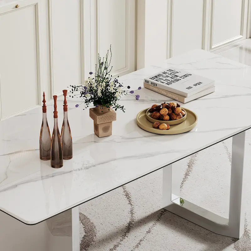 0.47 Thick Sintered Stone Composite Tempered Glass Top Rectangular Dining Table with Stainless Steel Base