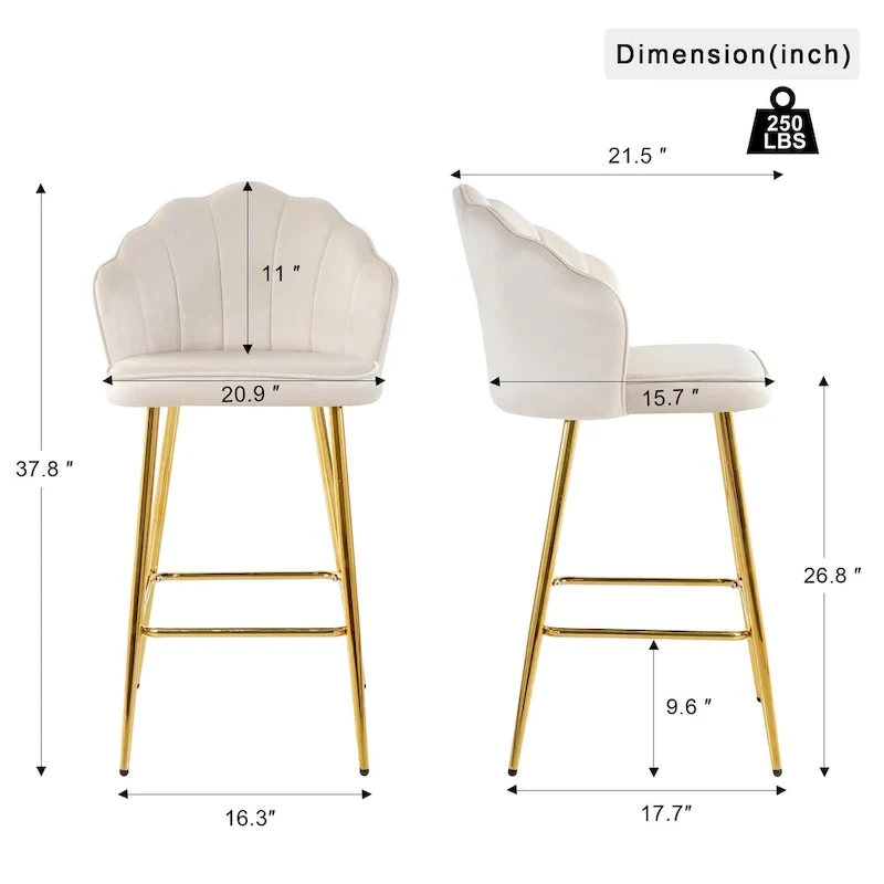 Velvet Shell Bar Stools Set of 2, Counter Height Chairs with Metal Legs, Upholstered Kitchen Island Chairs with Footres