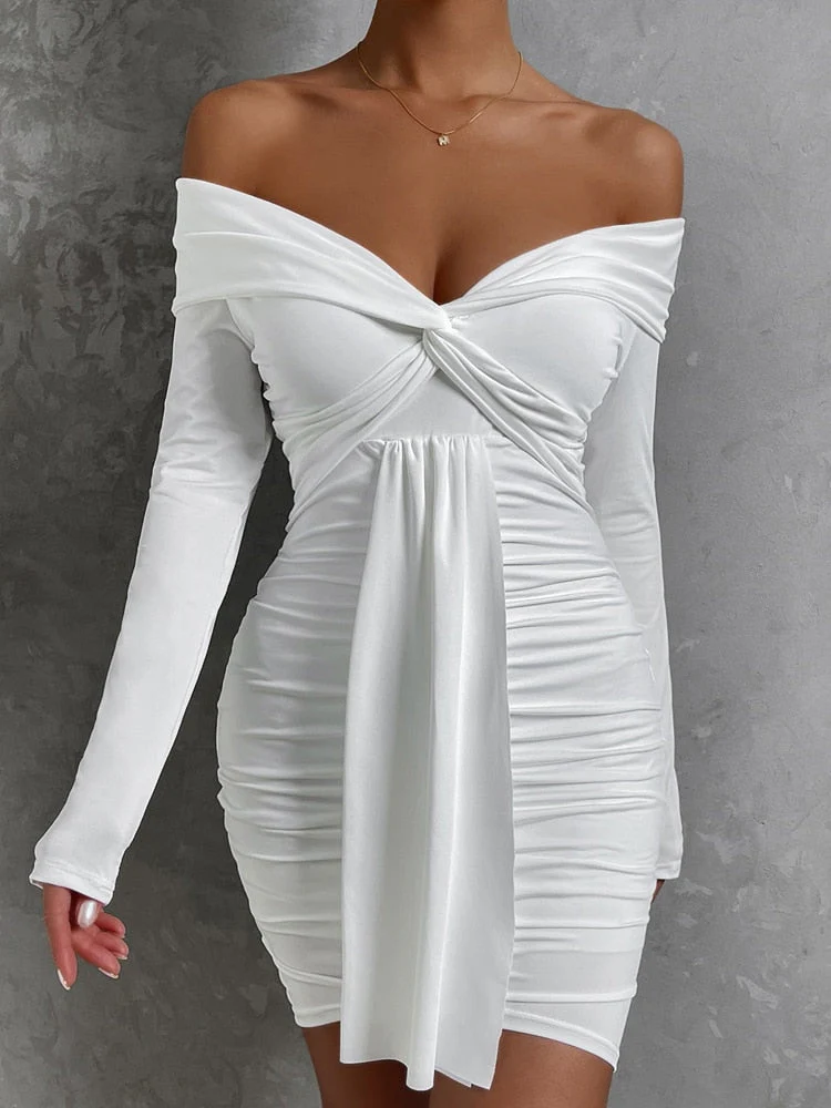 Hulianfu Sexy Tight Long Sleeve Short Club Dress White Evening Bodycon Dresses For Women Off Shoulder Party Mini Dress - Deanwangkt