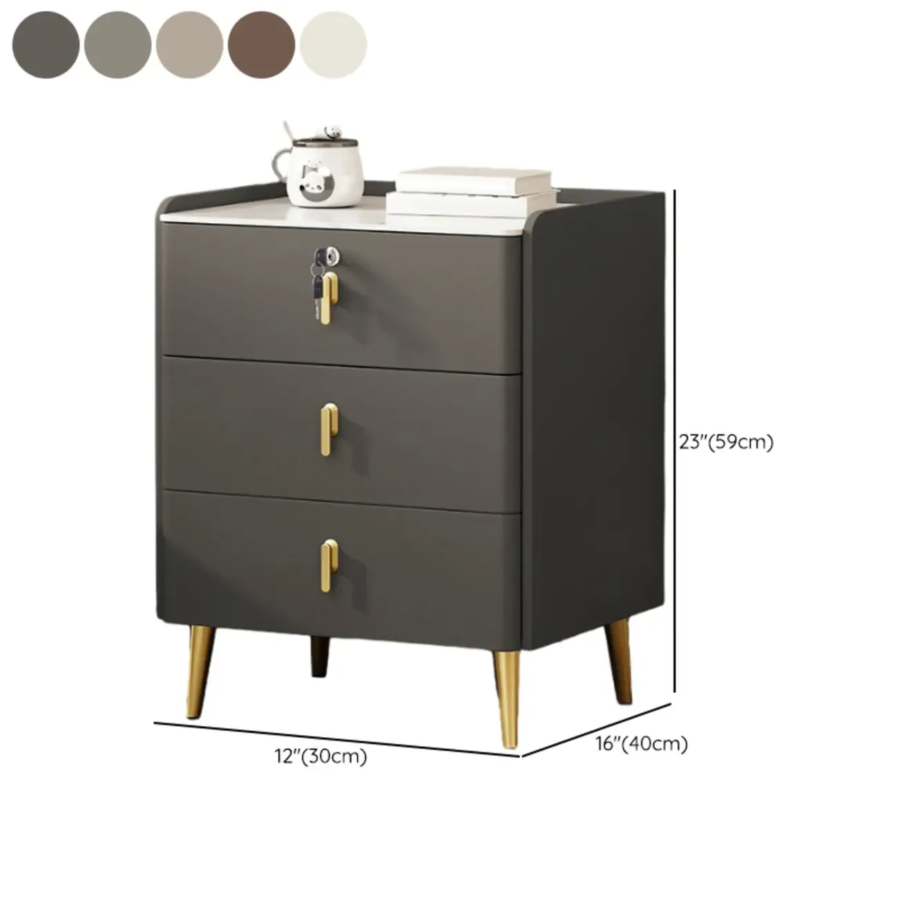 Modern Faux Leather 3 Drawers Nightstand with Stone Top