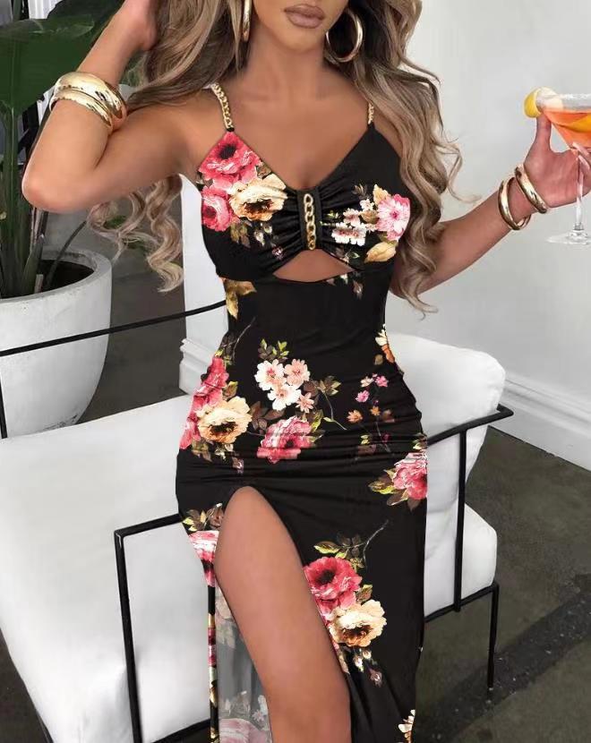 Hulianfu Sexy Spaghetti Strap Backless Floral Midi Bodycon Dress Women 2026  Summer Black  Metal Chain Party Long Dresses For Women - Deanwangkt