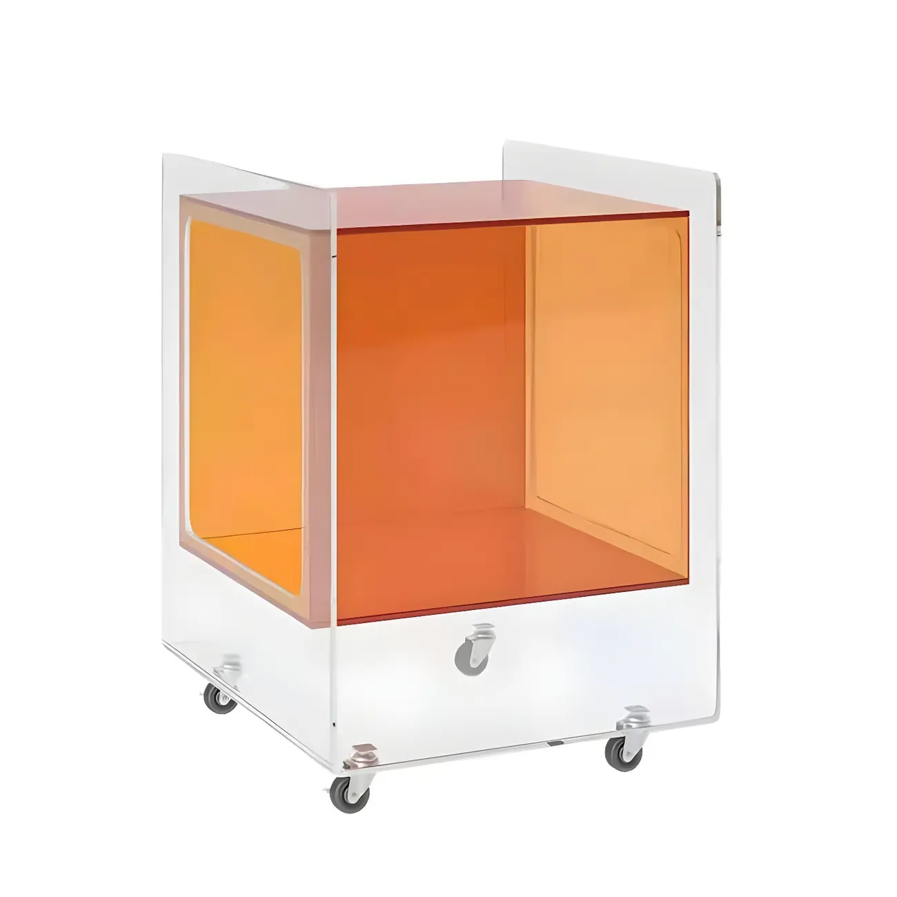 Modish Transparent Acrylic Nightstand with Open Shelf & Wheels