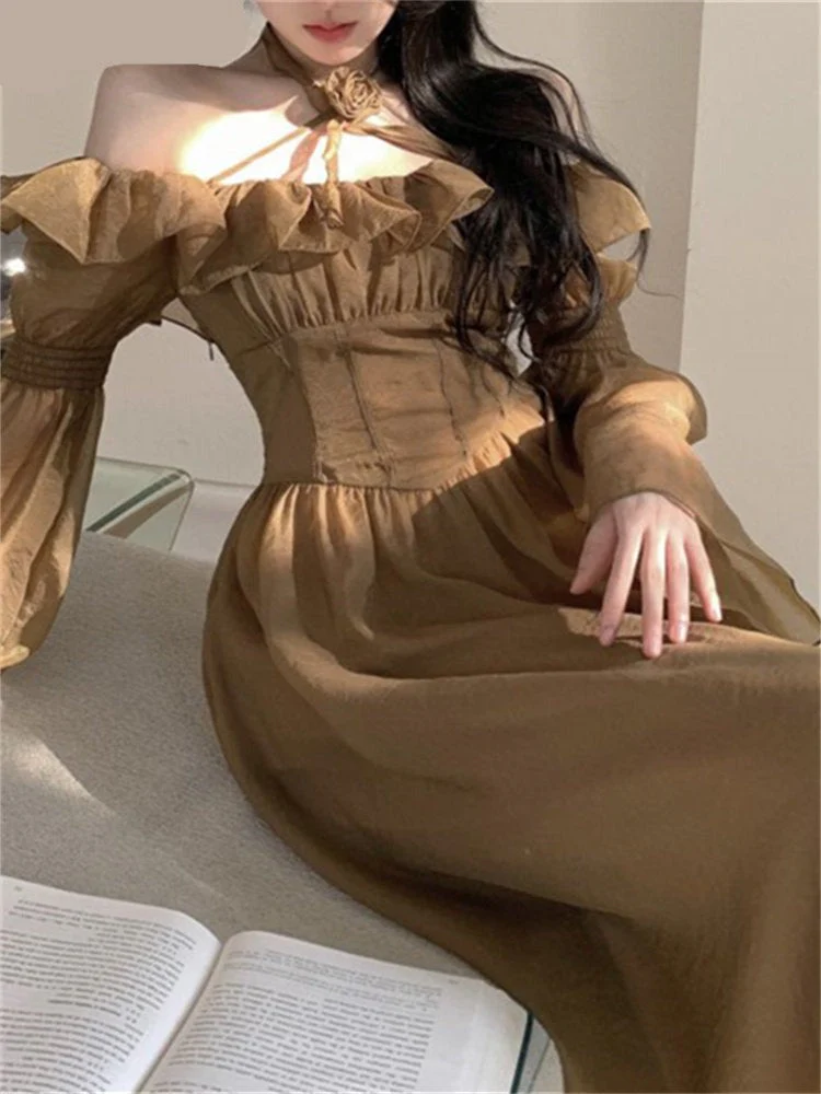 Hulianfu Fairycore Dress for Women 2026  Fashion Sweet Ruffle Slash Neck Backless Vintage Dress Elegant Long Sleeve Women Dress - Deanwangkt