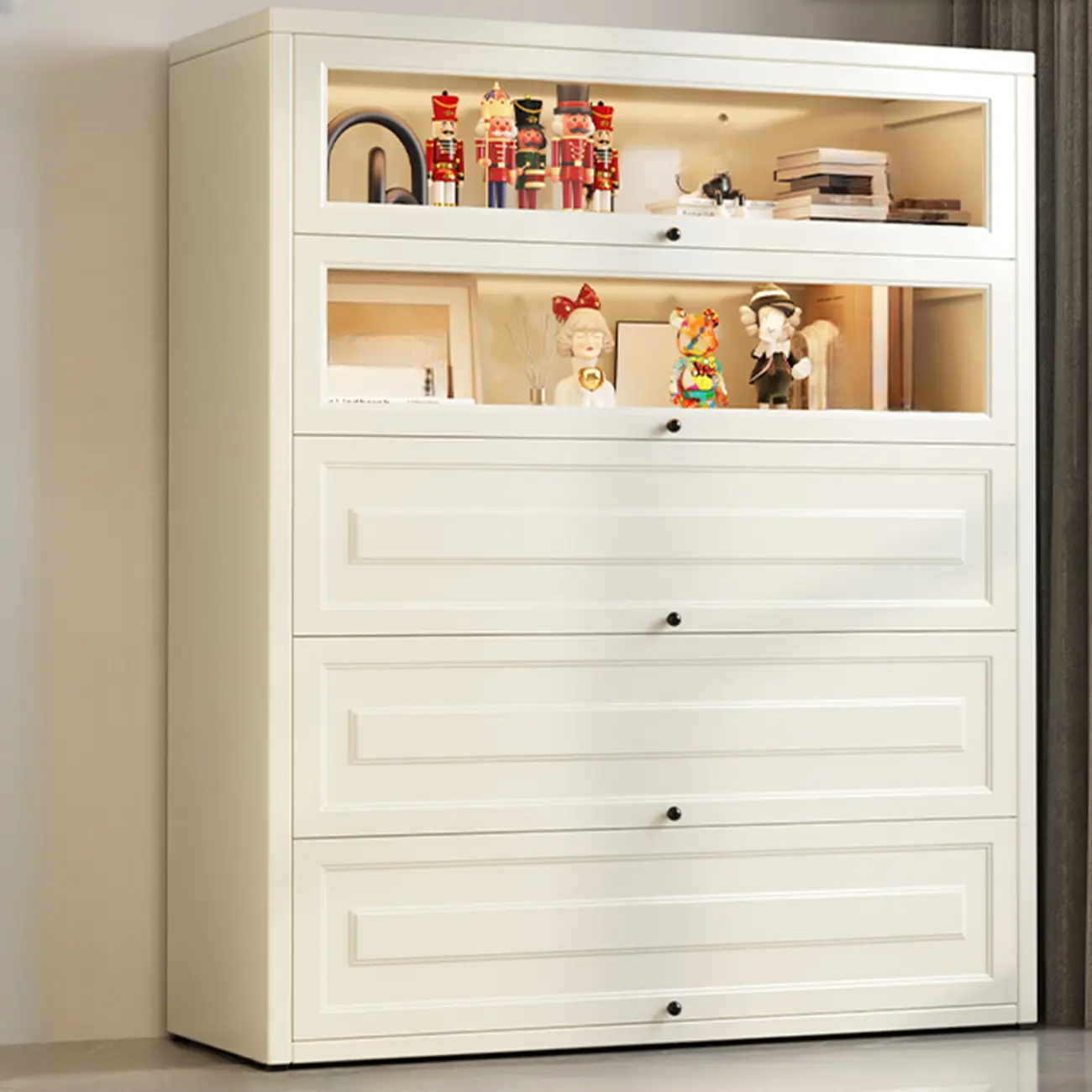 Chalk Vertical Bookshelves with 3 Cabinets, 3-Shelf Alloy Frame and Closed Back