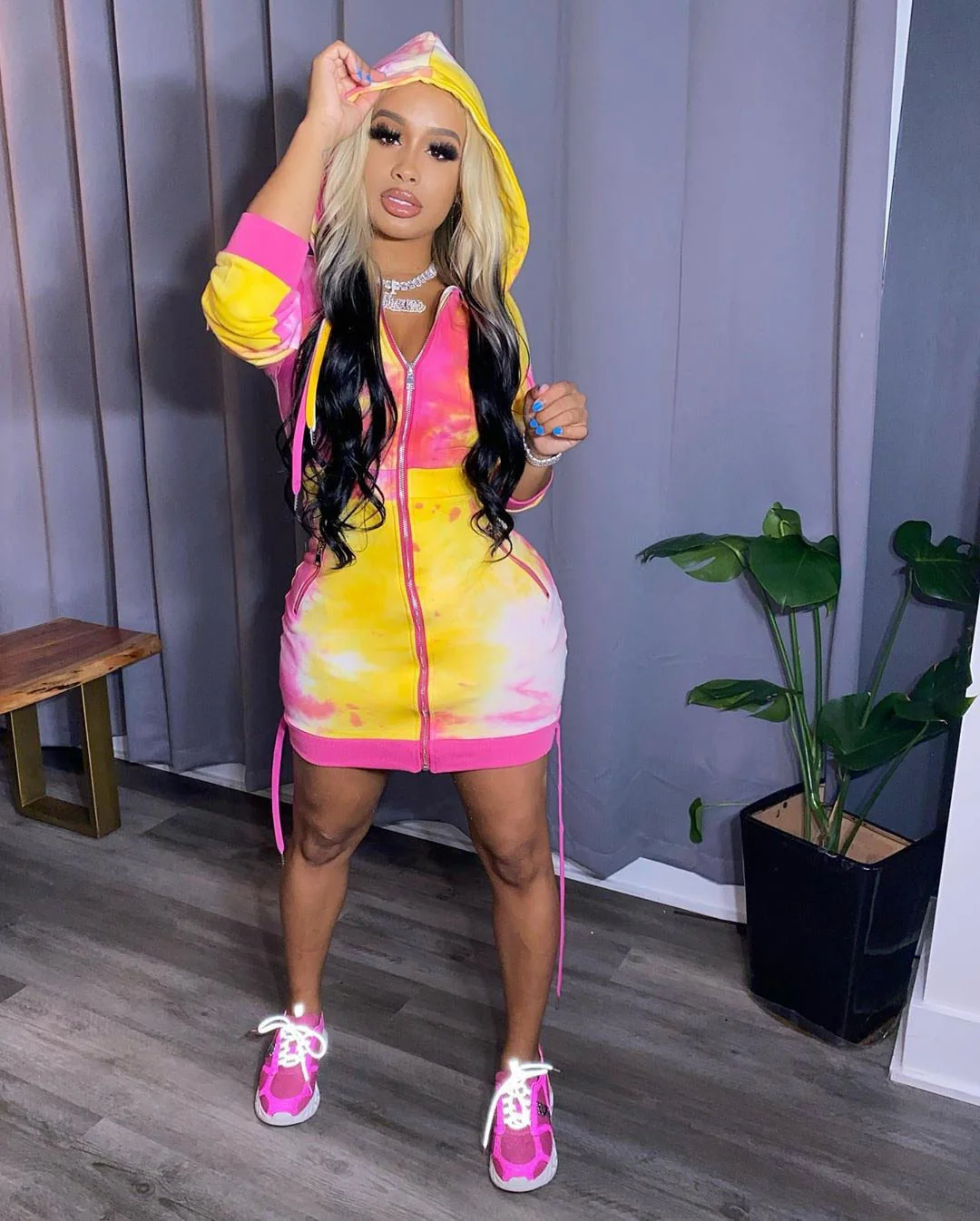 Autumn Tie Dye Print Hooded Zipper Women Dress Casual Streetwear Hoodies Sweatshirts Long Sleeve Dresses 3 Colors - Deanwangkt