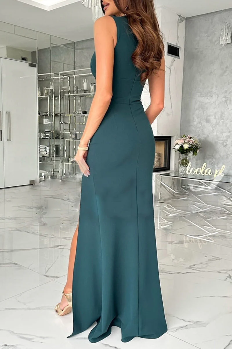 hulianfu Celebrities Elegant Solid Slit Fold V Neck Evening Dress Dresses(4 Colors) - Deanwangkt