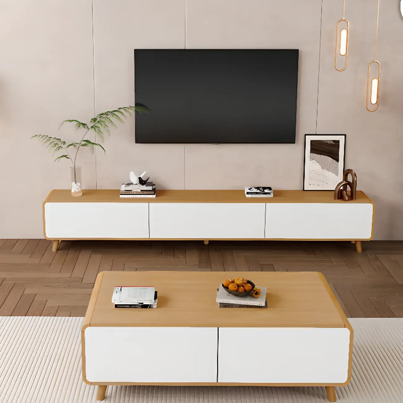 Modern Wood TV Stand with Drawers and Cable Management
