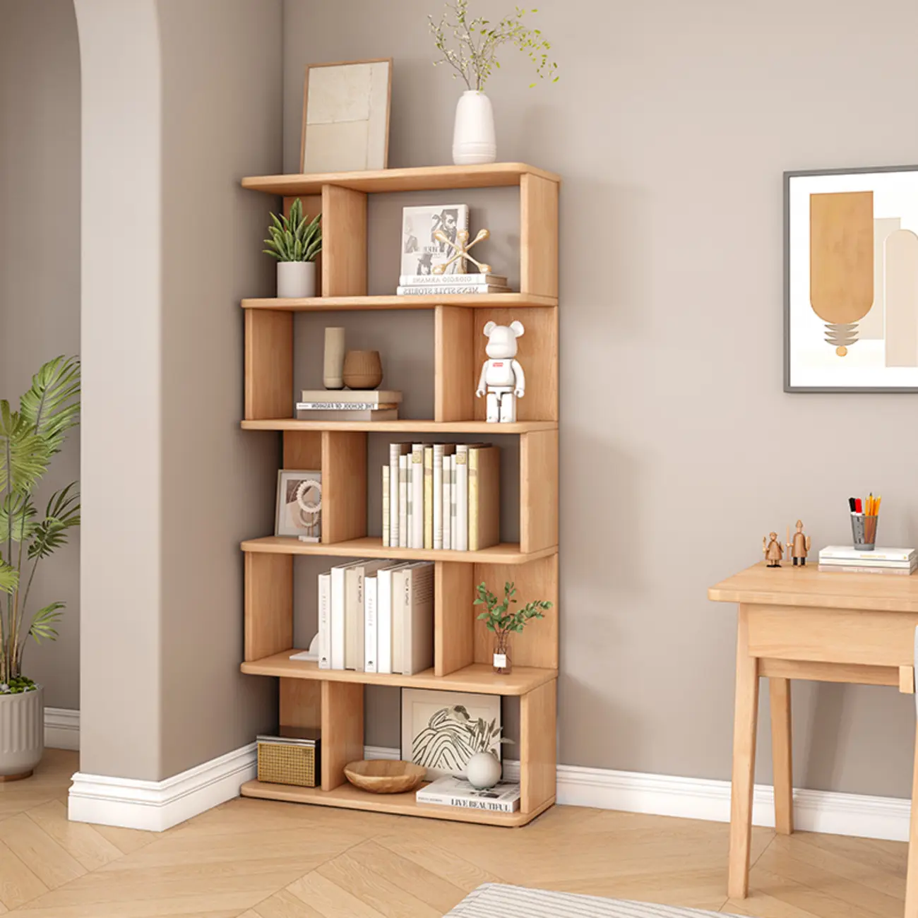 Mid-Century 6-Tier Open Back Wooden Bookshelf