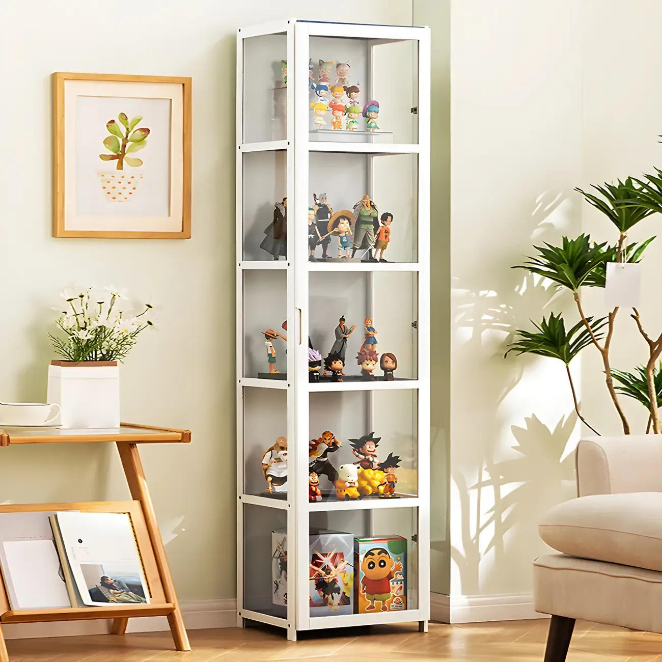 White Modern Bamboo Clear Figure Curio Cabinet