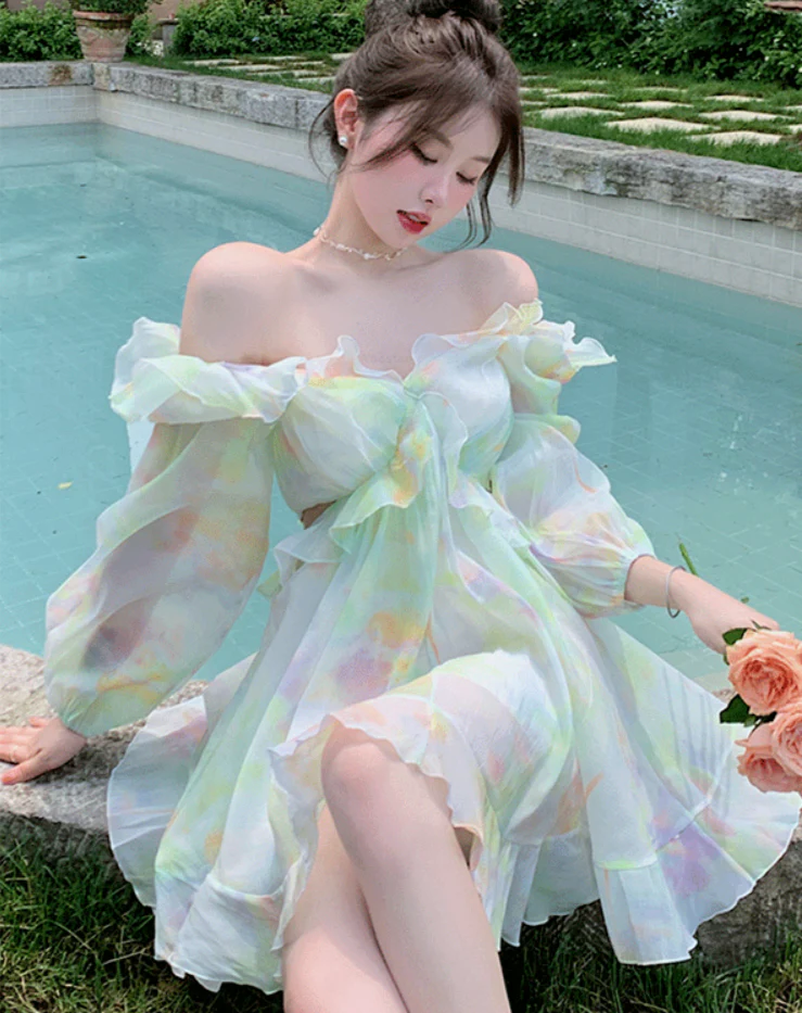 Hulianfu France Sweet Tie-dyed Fairy Dress Women Elegant Chic Ruffles V-Neck Long Sleeve Princess Dresses Female Casual Beach Vestidos - Deanwangkt