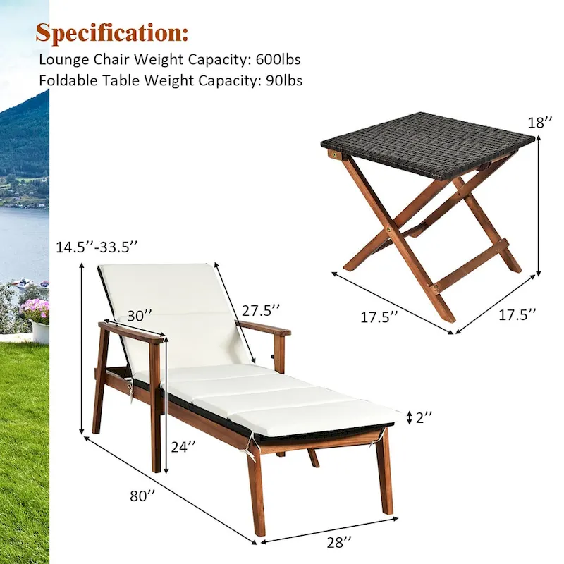 Costway 3PCS Patio Rattan Lounge Chair Folding Table Set Chaise Wood