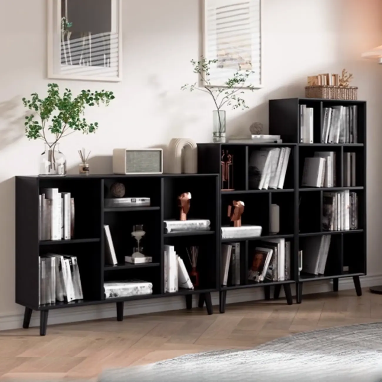 Modern Black Rubberwood Open Rectangle Bookcase