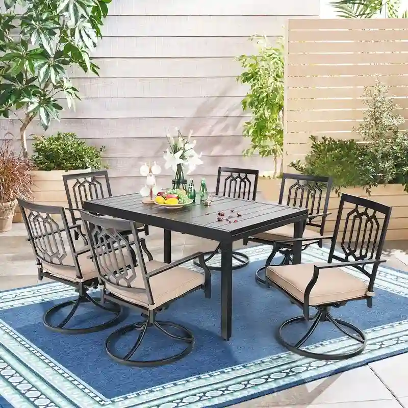 MAISON ARTS Seats up to 6/8 Outdoor Patio Dining Set, 6/8 Metal Swivel Chairs, 1 Rectangular Expandable Table