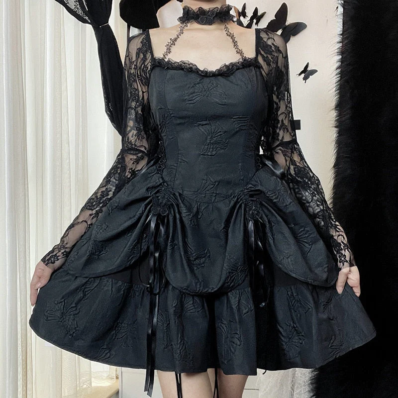 Halter Halloween Cosplay Costumes Gothic Lolita Party Dress White Black Flare Sleeve Fairy Princess Ruffle Cake Kawaii Dresses - Deanwangkt