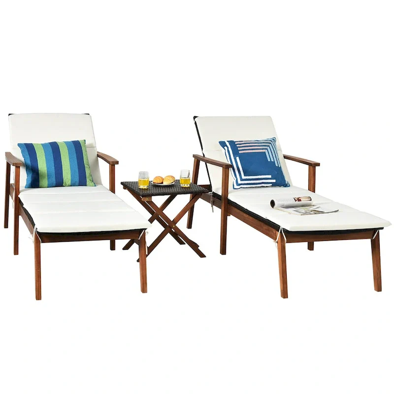 Costway 3PCS Patio Rattan Lounge Chair Folding Table Set Chaise Wood