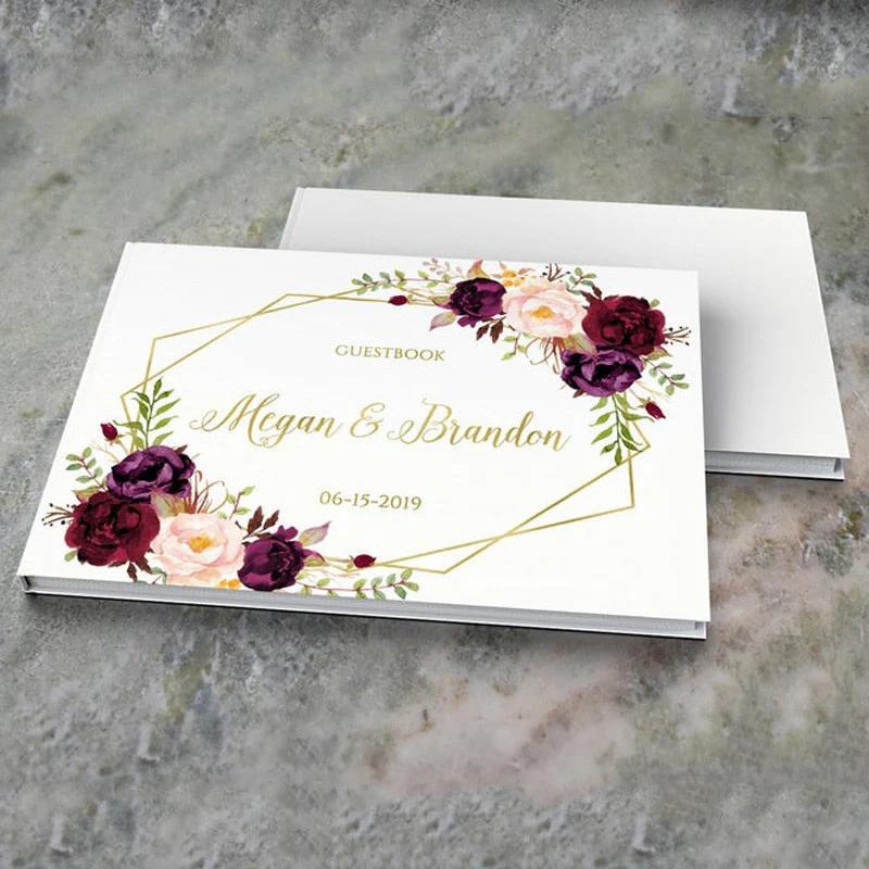 HULIANFU Wedding Guest Book Alternative Geometric Gold Wedding Guestbook Burgundy Floral Personalized Wedding Album Wedding Photo Sign - Deanwangkt