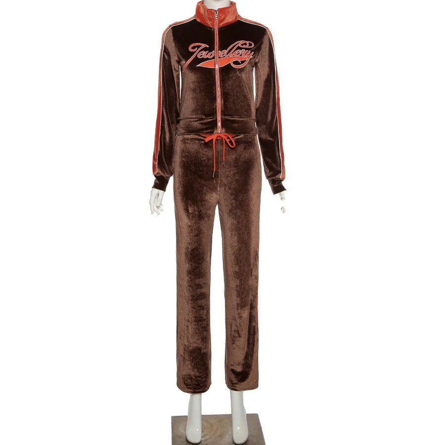 Hulianfu Letter Print Velvet Tracksuit Women 2 Piece Sets Fashion Outfits Female Zipper Sport Activitywear Suits Leisure Streetwear Moda - Deanwangkt