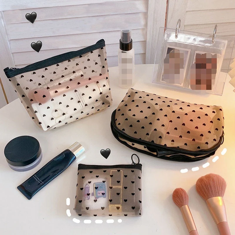 HULIANFU Mesh Cosmetic Makeup Bags Case Holder Cute Transparent Zipper Black Heart Printed Pencil Pen Case Pouch Convenient To Carry - Deanwangkt
