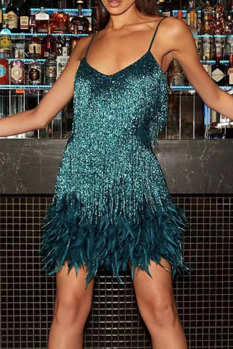 hulianfu Sexy Solid Tassel Feathers V Neck Pencil Skirt Dresses(9 Colors) - Deanwangkt