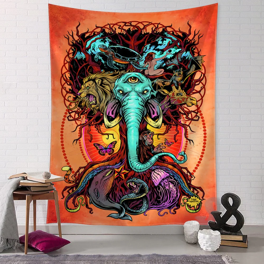 HULIANFU Psychedelic Meditator Tapestry Wall Hanging Cartoon Witchcraft Bohemian Style Mandala Kawaii Room Home Decor - Deanwangkt