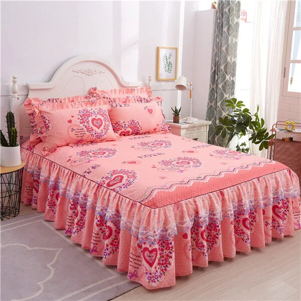HULIANFU  3pcs set Elegant floral bed skirt skin-friendly cotton lace bedding home decor bedspreads queen pink king size bed cover - Deanwangkt