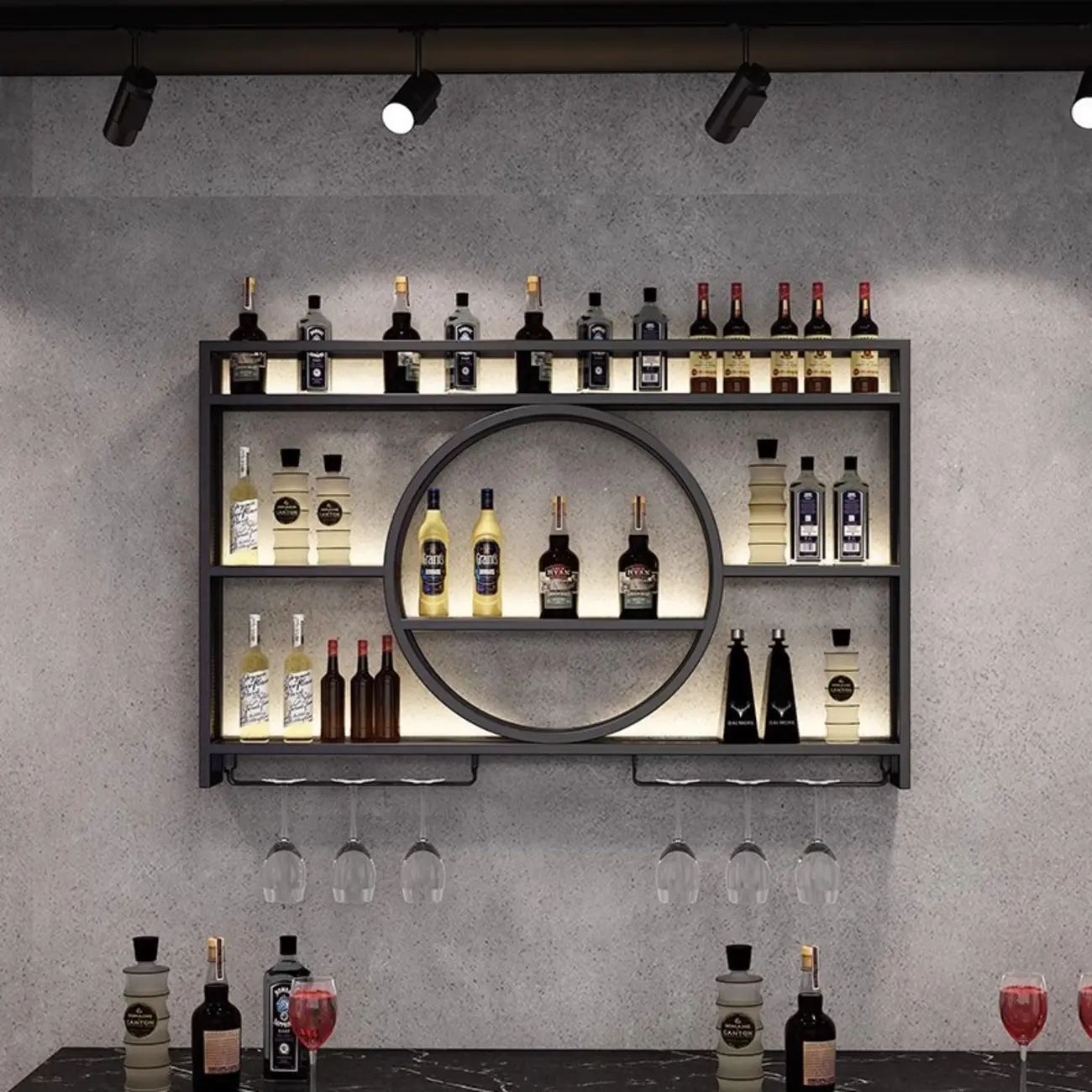 Black Circular Metal Wall Mounted Wine Rack