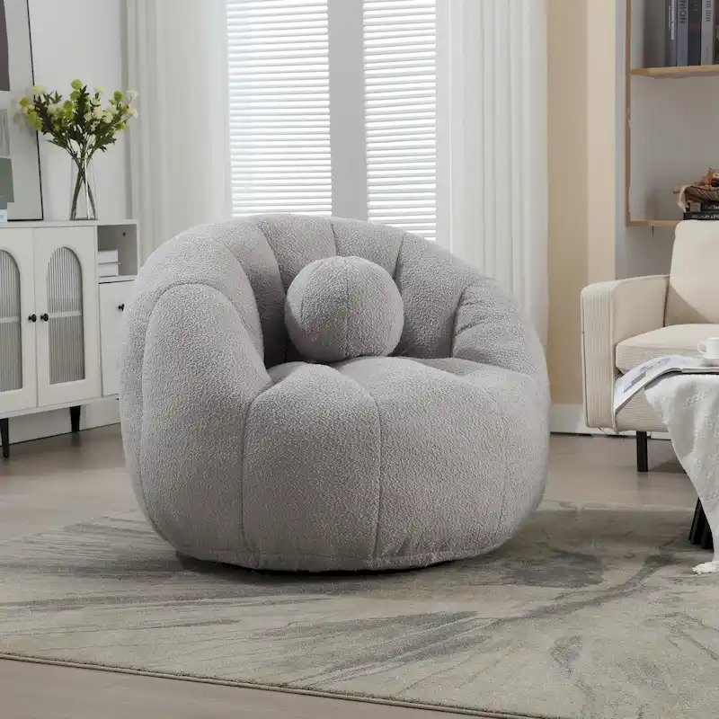 HOMEFUN Boucle Upholstered Round Lazy Cozy Bean Bag Chair With a Pillow