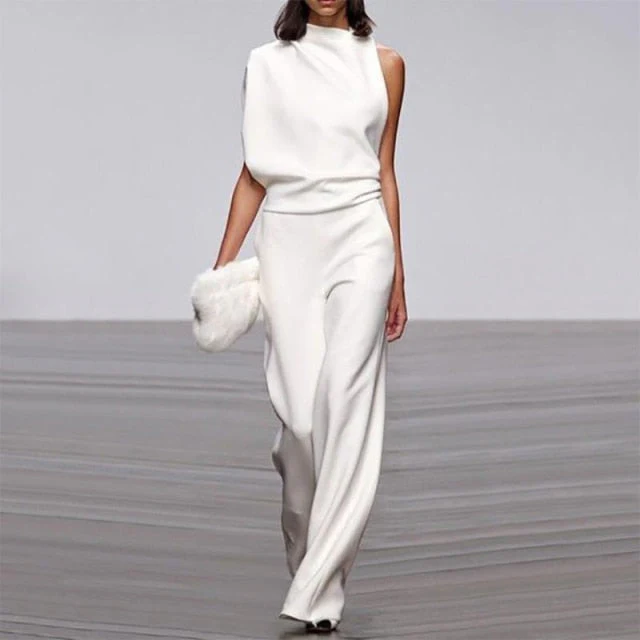 Elegant Woman Female Jumpsuit Overalls for Women women's Summer Solid Color Sleeveless Wide Leg Jumpsuits Loose Work Wear - Deanwangkt