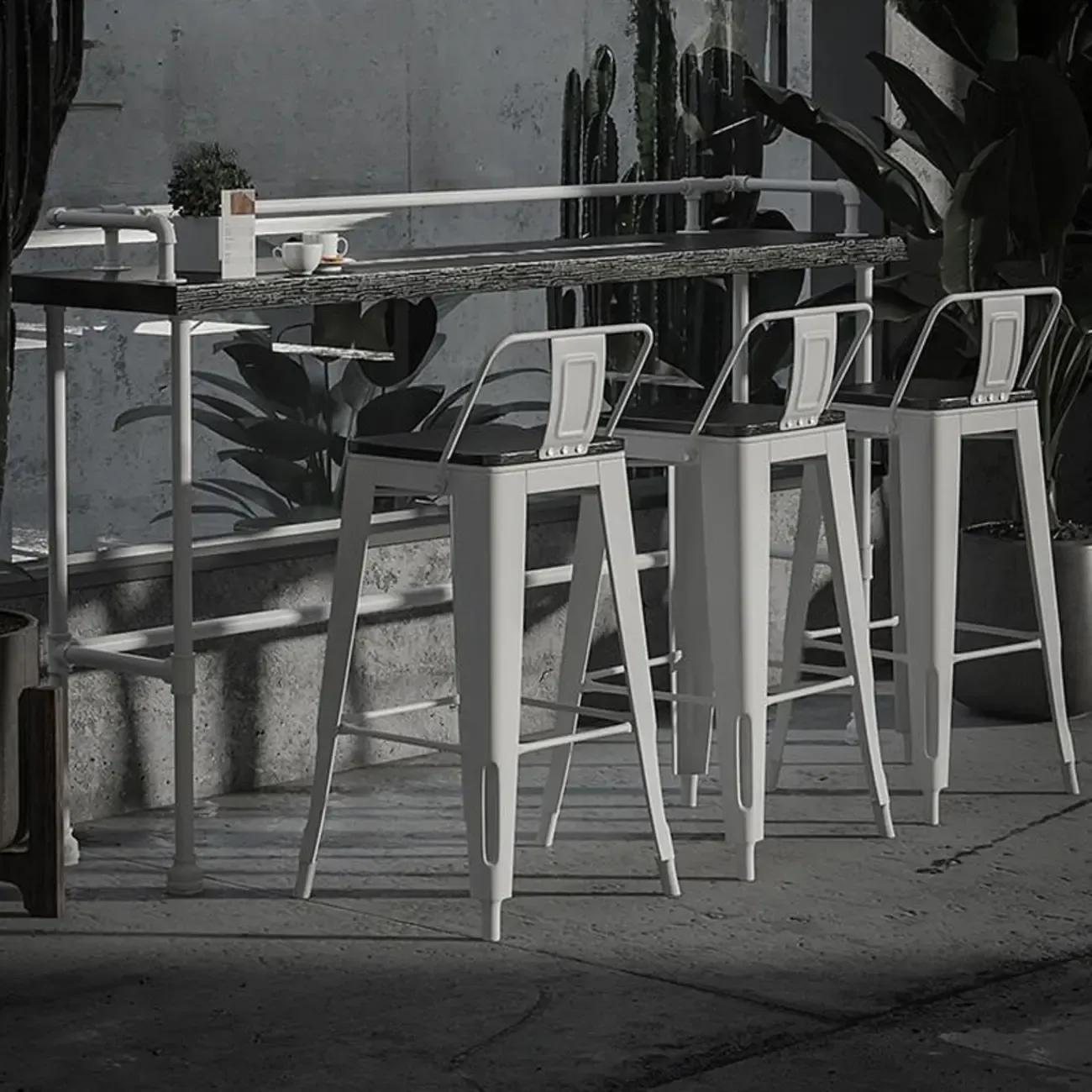 Rectangular Black Wood White Metal Four-Legged Bar Table Seat of 4