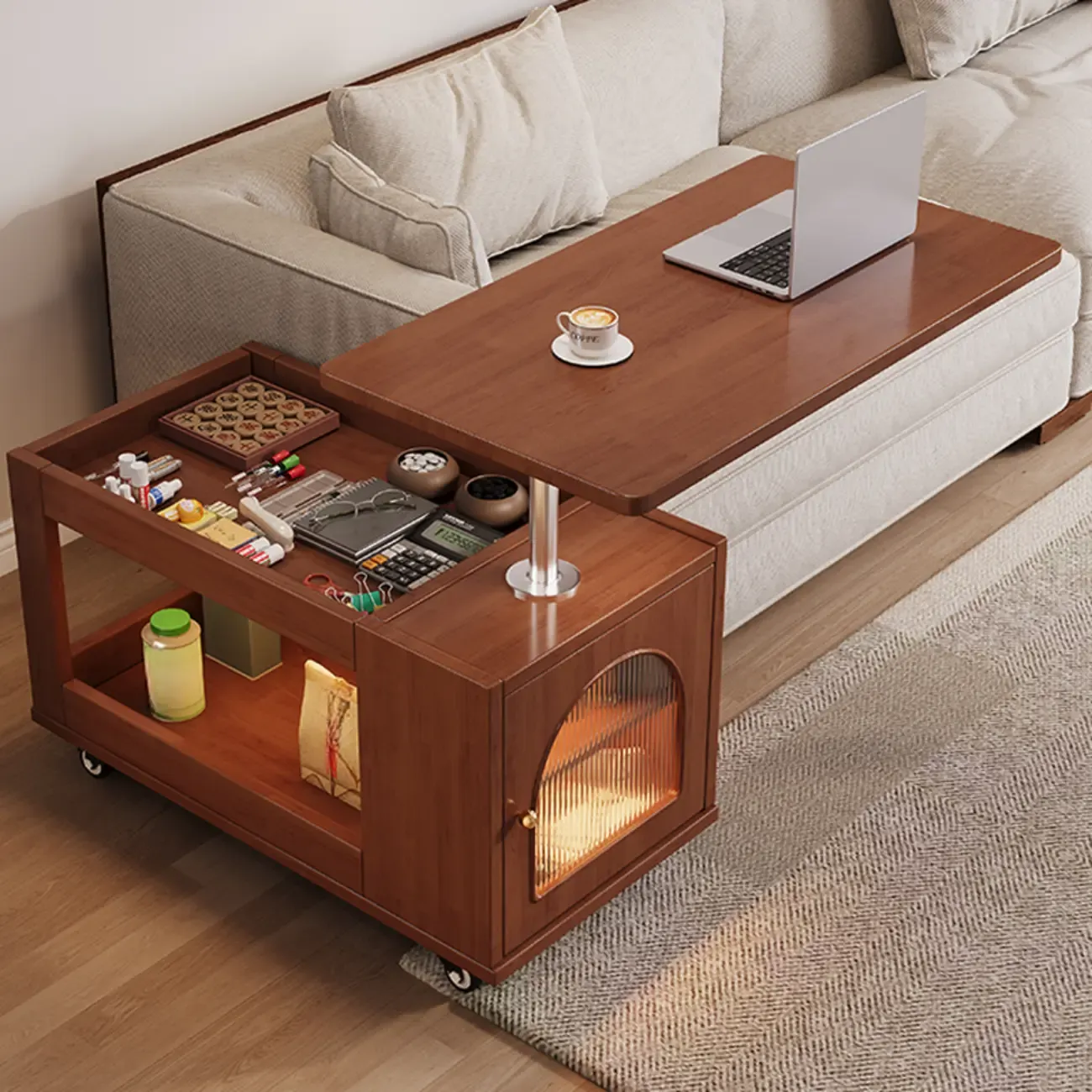 Adjustable Swivel Top Walnut Wood Wheel Side Table