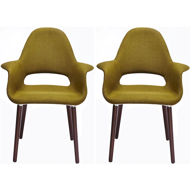 Set of 2 Organic Upholstered Fabric Modern Armchairs with Dark Walnut Brown Wooden Legs for Dining Room Office or Accent Chair