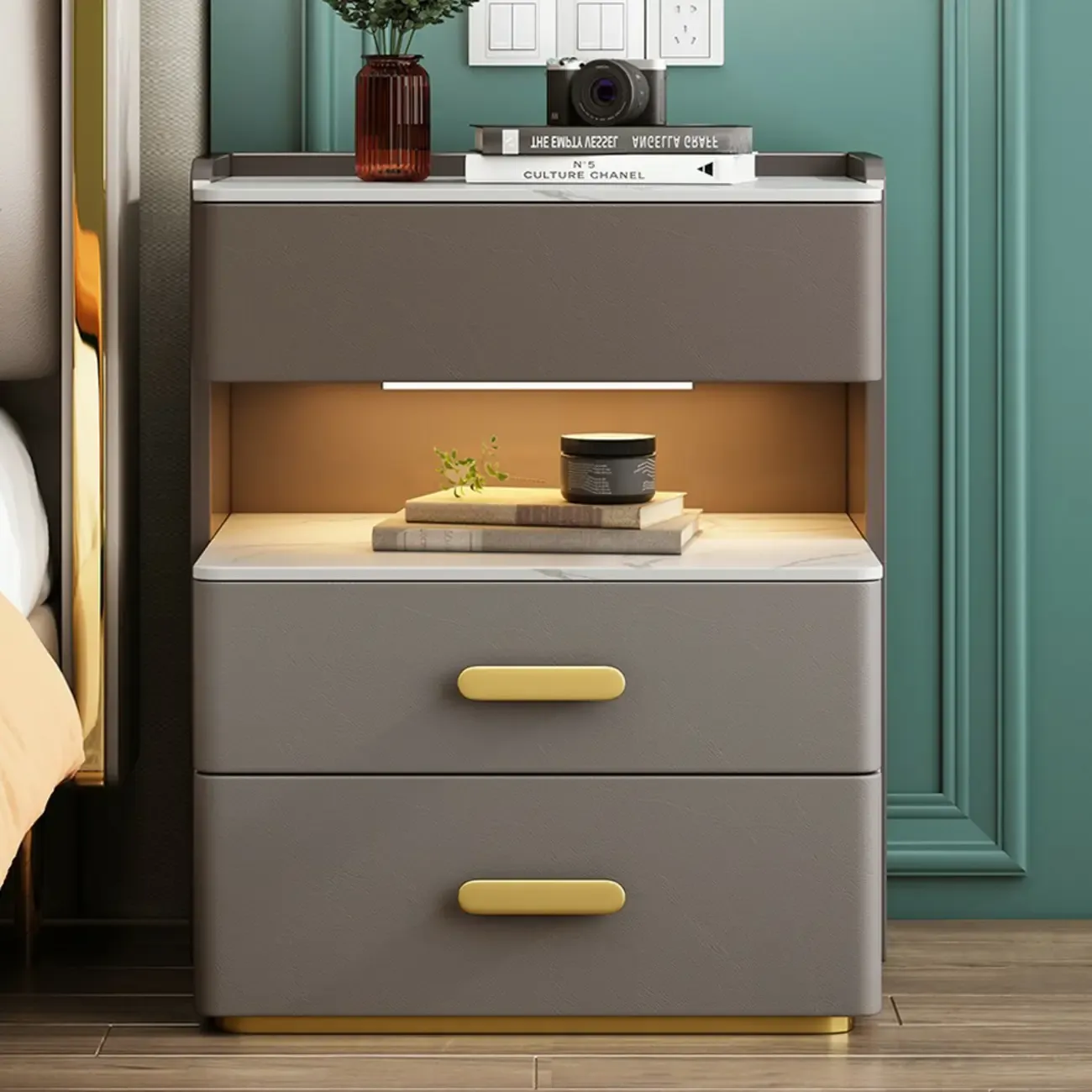 Modern Grey Bedside Table with Drawers and Stone Top