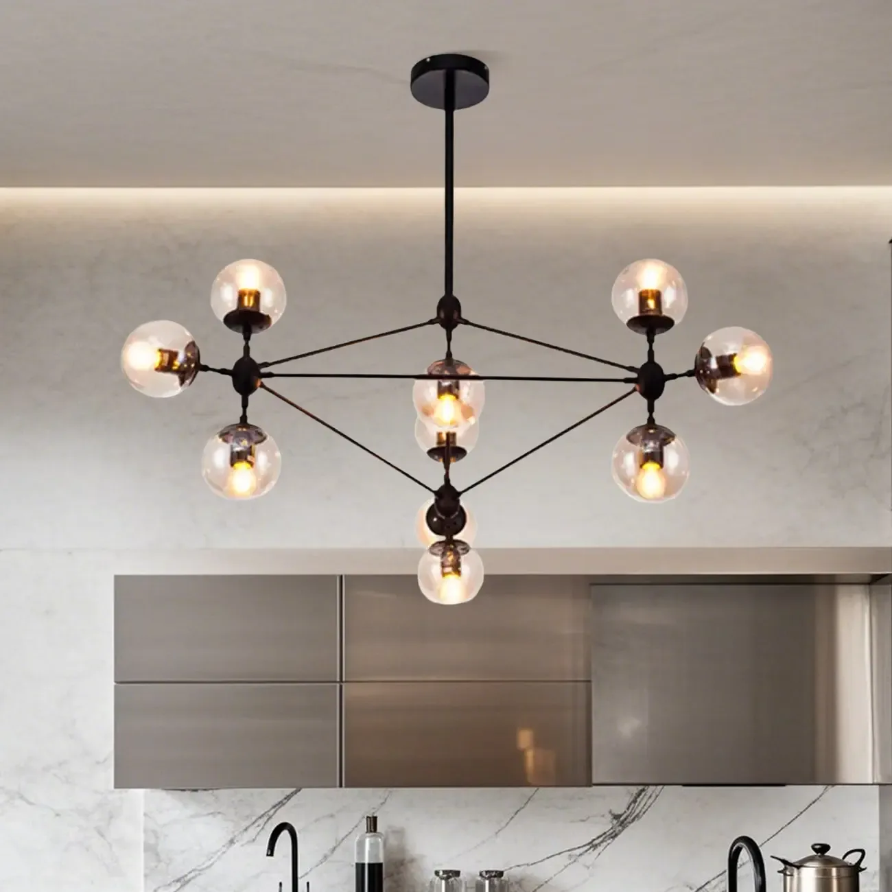Industrial Black Globe Chandelier with Cognac Glass Shades