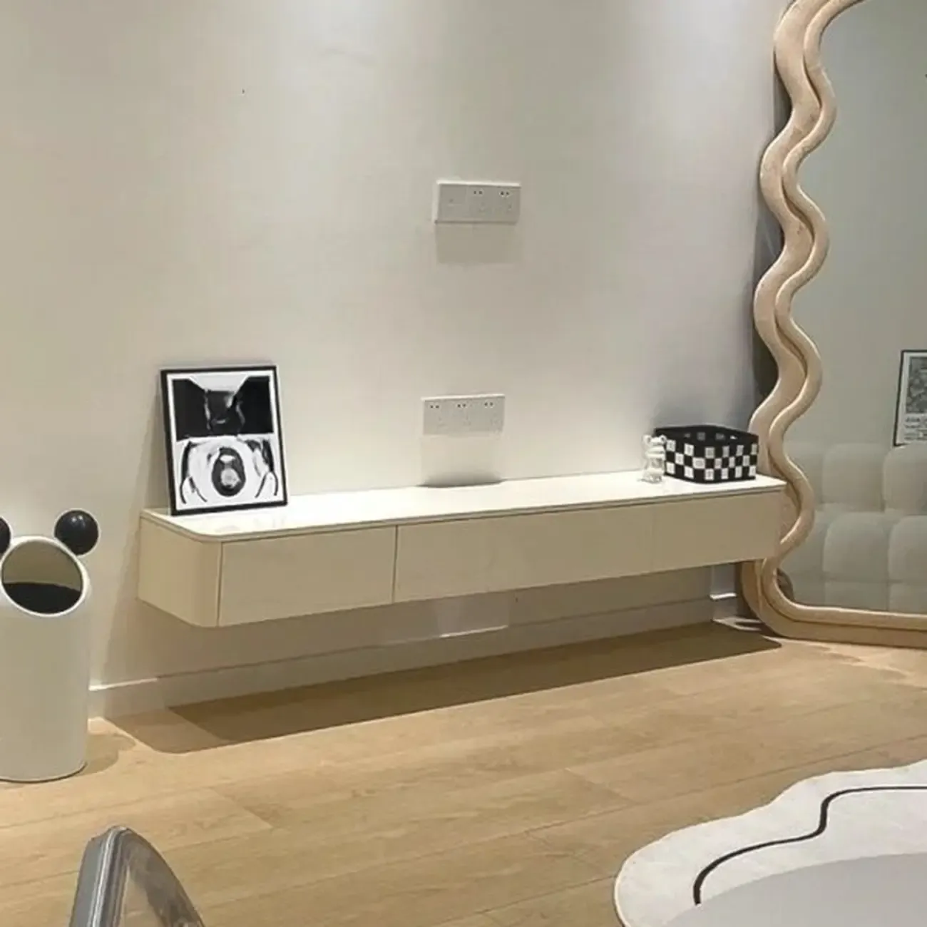 71 Off-White Long Floating Wood Cable Management TV Stand