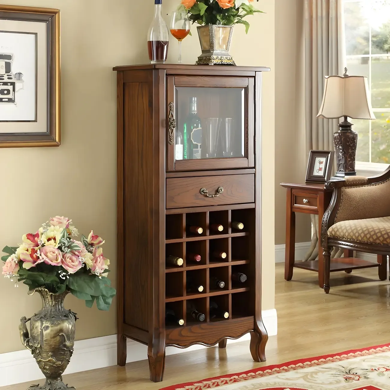 Mid-Century Modern Brown Wood Wine Cabinet with Glass Door
