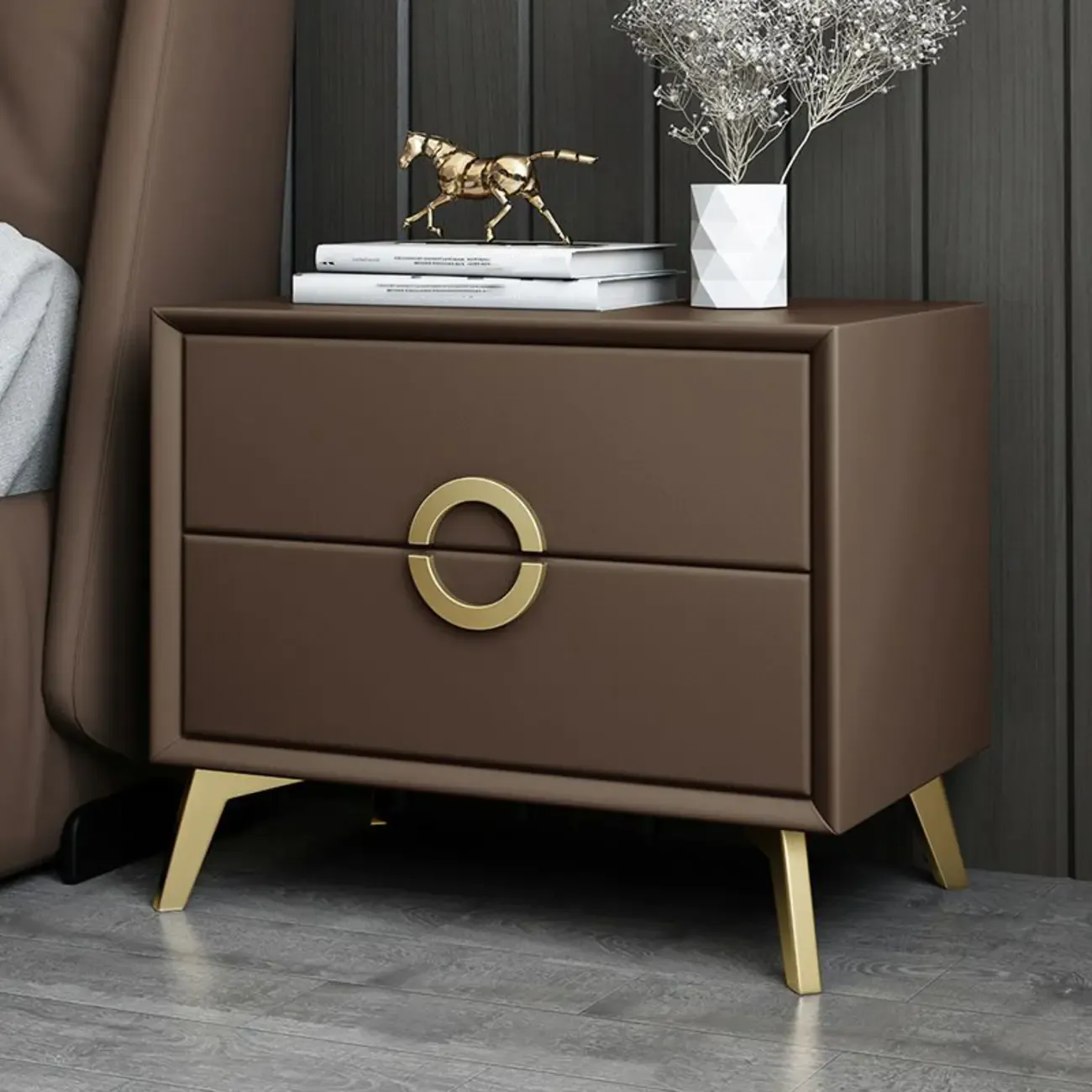 Chic Khaki Leather Gold Accents 2-Drawer Nightstand
