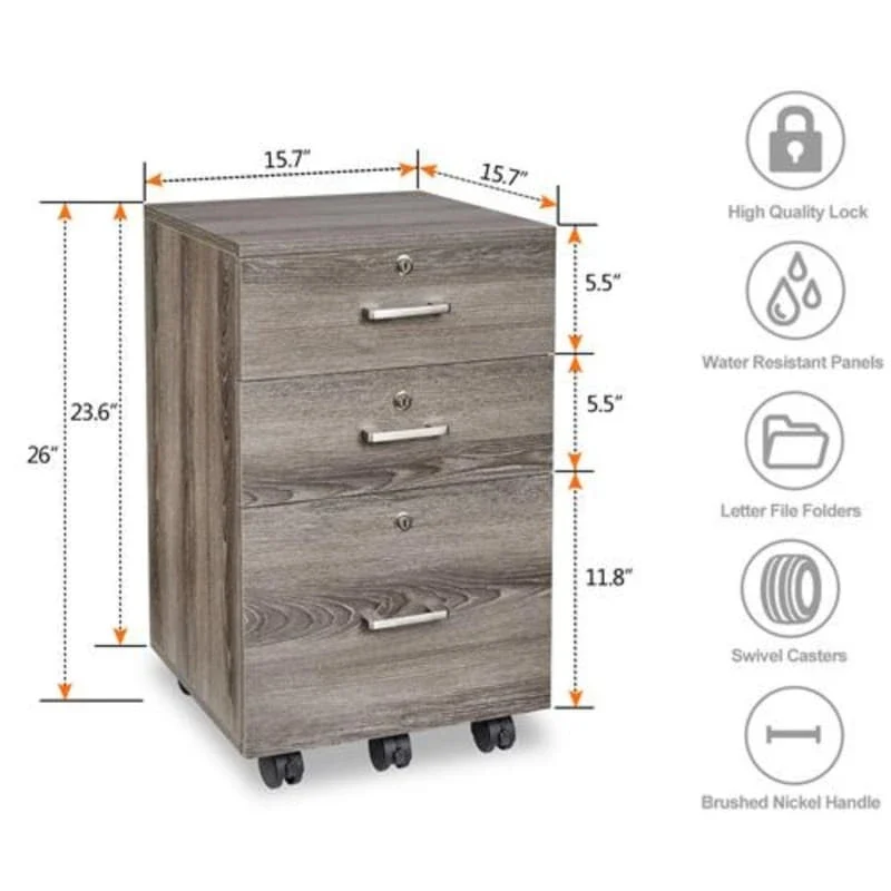 3-Drawer Rolling Wood File Cabinet with Lock