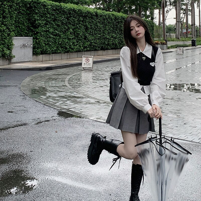 Sweet Japanese Girl Fashion 2 Piece Skirt Sets Long Sleeve Patchwork Shirt Top&High Waist Pleated Mini Skirt 2pc Dress Outfits - Deanwangkt