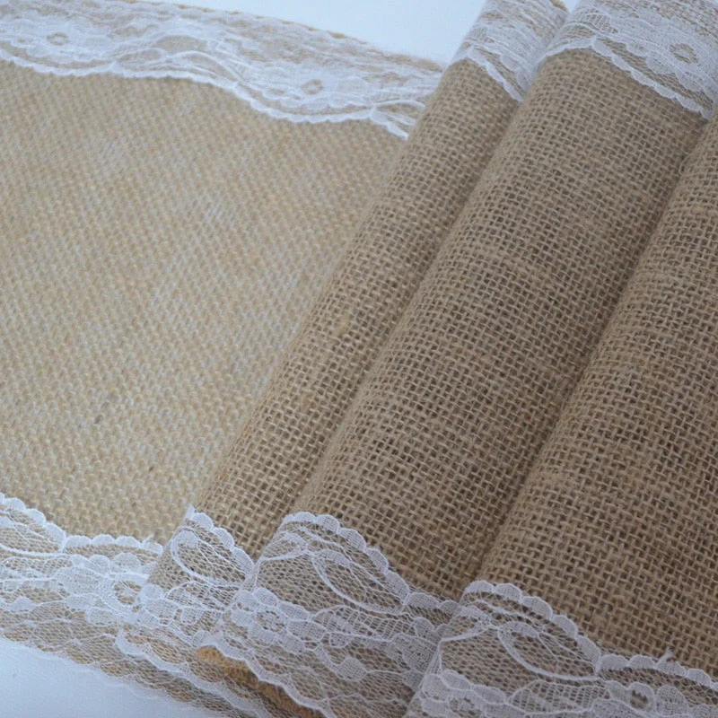 HULIANFU Jute Lace Burlap Table Runner Vintage Hessian Rustic Country Wedding Party Decor Christmas Dining Room Resturant Table Runners - Deanwangkt